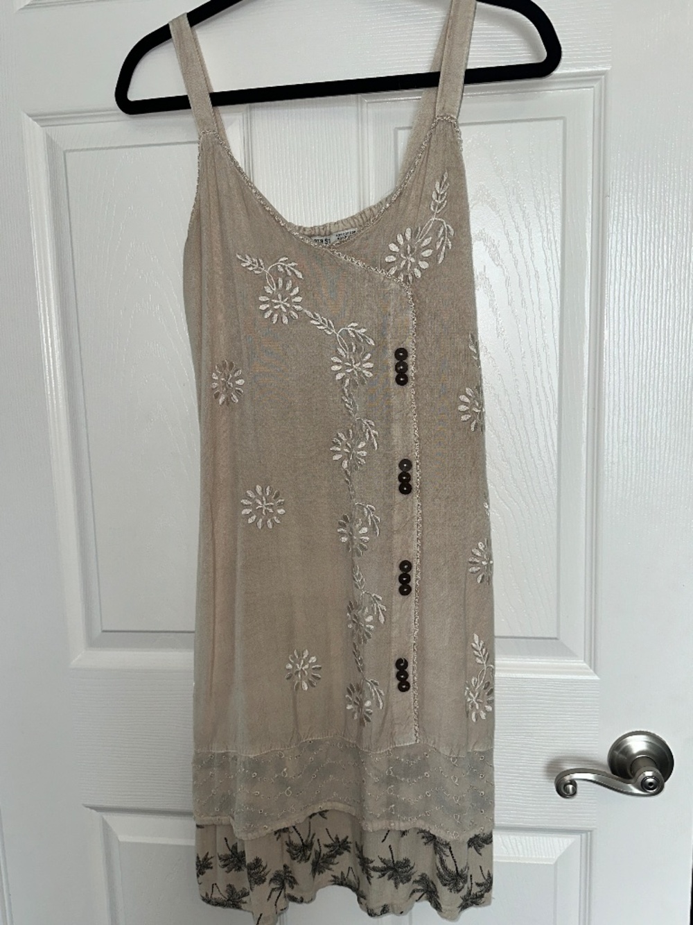 Raya Sun Boho Embroidered Midi Dress Medium Taupe Palm Tree Layered Hem